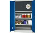 Schäfer Shop Select Gefahrstoffschrank, B 950 x T 500 x H 1585 mm, 2 Wannen inkl. WHG‑Wanne 11 Liter, Sicherheitsfach Typ 30, lichtgrau/enzianblau