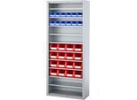 Magazinregal C+P Serie 13, mit 28 Sichtlagerkästen SSI Schäfer Serie PROFI LF 211/221, 10 Fachböden, abschließbar, B 700 x T 300 x H 1690 mm, Stahl, weißaluminium RAL 9006