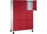 C+P Schließfachschrank Cambio, 3 Abteile, 9 Fächer, auf Füßen, B 1200 x T 525 x H 1980 mm, lichtgrau/rubinrot