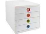 Schubladenbox POP-BOX Weiß/Harlekin, 4 geschlossene Laden, A4/A4+/24x32 cm, leise, Sicherheitsstopp