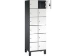 C+P Schließfachschrank Cambio, 2 Abteile, 12 Fächer, auf Füßen, B 600 x T 525 x H 1980 mm, schwarzgrau/weiß