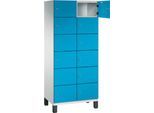 C+P Schließfachschrank Cambio, 2 Abteile, 12 Fächer, auf Füßen, B 800 x T 525 x H 1980 mm, lichtgrau/lichtblau