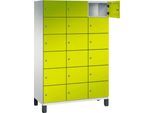 C+P Schließfachschrank Cambio, 3 Abteile, 18 Fächer, auf Füßen, B 1200 x T 525 x H 1980 mm, lichtgrau/clowngrün
