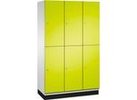 C+P Doppelstöckiger Spind Cambio, 3 Abteile, 6 Fächer, mit Sockel, B 1200 x T 525 x H 1980 mm, lichtgrau/clowngrün