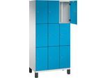 C+P Schließfachschrank Cambio, 3 Abteile, 9 Fächer, auf Füßen, B 900 x T 525 x H 1980 mm, lichtgrau/lichtblau