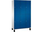 C+P Doppelstöckiger Spind Cambio, 3 Abteile, 6 Fächer, auf Füßen, B 1200 x T 525 x H 1980 mm, lichtgrau/enzianblau