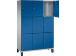 C+P Schließfachschrank Cambio, 3 Abteile, 9 Fächer, auf Füßen, B 1200 x T 525 x H 1980 mm, weißaluminium/enzianblau