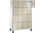 C+P Schließfachschrank Cambio, 4 Abteile, 16 Fächer, auf Füßen, B 1200 x T 525 x H 1980 mm, verkehrsweiß/Sen Esche‑Dekor