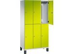 C+P Doppelstöckiger Spind Cambio, 3 Abteile, 6 Fächer, auf Füßen, B 900 x T 525 x H 1980 mm, lichtgrau/clowngrün