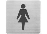 Hinweisschild „WC Damen“, quadratisch, inkl. Selbstklebepad, L 90 x B 90 mm, Edelstahl gebürstet, silber-schwarz