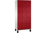 C+P Schließfachschrank Cambio, 3 Abteile, 15 Fächer, auf Füßen, B 900 x T 525 x H 1980 mm, lichtgrau/rubinrot
