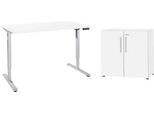 Komplettangebot Schreibtisch, elektrisch höhenverstellbar, B 1600 mm, Kabelkanal und Memorypanel, weißalu/weiß + Schrank, 2 OH, abschließbar, weiß