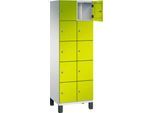 C+P Schließfachschrank Cambio, 2 Abteile, 10 Fächer, auf Füßen, B 600 x T 525 x H 1980 mm, lichtgrau/clowngrün