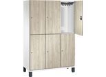 C+P Doppelstöckiger Spind Cambio, 3 Abteile, 6 Fächer, auf Füßen, B 1200 x T 525 x H 1980 mm, verkehrsweiß/Sen Esche‑Dekor
