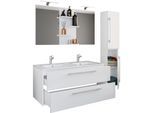 VCM 4-tlg. Doppel Waschplatz 2x Waschtisch Badmöbel Set mit Unterschrank, Waschbecken, Hochschrank und Spiegel Doppelwaschbecken Komplettset Budasi SP