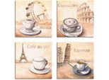 Leinwandbild ARTLAND "Mocca Cappuccino Café au lait Espresso", beige (farbe bild(er): naturfarben), B:30cm H:30cm, Leinwand, MDF, Bilder, Leinwandbild, 4er Set, verschiedene Größen
