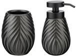 Badaccessoire-Set WENKO "Modell Idro Anthrazit", grau, strukturiert, Keramik, Kunststoff, Badaccessoires-Sets, Seifenspender und Zahnputzbecher aus Keramik mit Linien-Struktur