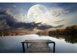 Fototapete PAPERMOON "Steg im Wasser mit Mond", bunt, B:3,5m L:2,6m, Vlies, Tapeten