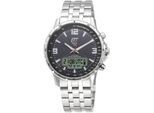 Funk-Multifunktionsuhr ETT "Professional WorldTimer", silber (silberfarben, schwarz), Armbanduhren, Herren, Armbanduhr, Herrenuhr, Stoppfunktion, Datum, Solar, Edelstahlarmband