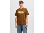 Rundhalsshirt JACK & JONES "JJELOGO TEE SS O-NECK 2 COL AW25 SN", Herren, Gr. M, braun (monks robe), Jersey, Obermaterial: 100% Baumwolle, bedruckt, regular fit normal, Rundhals, Shirts Rundhalsshirt
