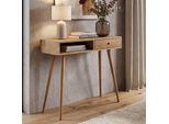 MCA Konsolentisch MCW-P55, Telefontisch Beistelltisch Ablagetisch, Massiv-Holz Schublade Staufach 80x80x34cm, Eiche