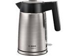 BOSCH Wasserkocher "DesignLine TWK5P480, Ausgießen ohne Spritzer, Tassenanzeige", grau (schwarz, edelstahlfarben), B:23,5cm H:26,7cm T:15cm, Wasserkocher, große Wasserstandsanzeige, Überhitzungsschutz, Edelstahl, Wasserkocher