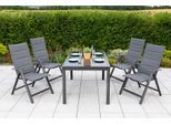 Garten-Essgruppe MERXX "Taviano", grau (anthrazit, anthrazit, grafit), Polyester, Aluminium, Polyester, Sicherheitsglas, Sitzmöbel-Sets, 4 Klappsessel, 5-fach verstellbar, Ausziehtisch