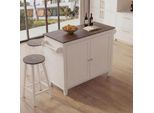 Kücheninsel MCW-P61 mit 2 Sitzhockern, Küchenschrank Schublade Staufächer MDF 90x120x45cm ~ weiß, dunkles Holz