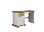 Schreibtisch OTTO HOME "Ayanna", weiß (weiß, honig, weiß, honig), B:130cm H:76cm T:50cm, Tische, Schreibtisch, Massivholz, mit Schublade und Tür, Lamellenfront, Breite 130 cm