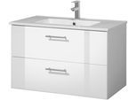 Waschtisch WELLTIME "Trento Badezimmerschrank mit Becken", weiß (weiß, weiß hochglanz, weiß), B:80cm H:51,5cm T:47,5cm, Waschtische, Waschtisch, Badmöbel in Breite 80 cm , Waschplatz mit 2 Schubladen, Badschrank