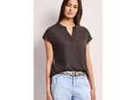 Kurzarmbluse STREET ONE, Damen, Gr. 42, espresso braun, Stoff, 100% Viskose, unifarben, normal normal, Rundhals, abgesteppt, Blusen, mit geschlitztem Rundhalsausschnitt