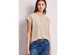 Kurzarmbluse STREET ONE, Damen, Gr. 42, cotton beige, Stoff, 100% Viskose, unifarben, normal normal, Rundhals, abgesteppt, Blusen, mit geschlitztem Rundhalsausschnitt