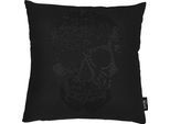 Dekokissen DONE. "Stone Skull", schwarz (schwarz, bedruckt), B:45cm L:45cm, Baumwolle, Dekokissen_Sitzkissen_Kissenhüllen, mit Totenkopf-Applikation, Kissenhüle mit Füllung, 1 Stück