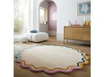Teppich FLAIR RUGS "LEO SCALLOP BORDER", beige (mehrfarbig), B:180cm H:8mm L:180cm, Oberfläche: 100% Wolle. Rückseite: 100% Baumwolle, Teppiche, Teppich