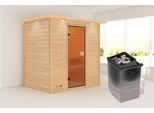 Sauna KARIBU "Sunie" mit bronzierter Tür und Kranz, naturbelassen, mit Ofen 9 kW", beige (naturbelassen), Saunaofen, integrierte Steuerung, 400 kW, Saunen, Sauna, aus hochwertiger nordischer Fichte