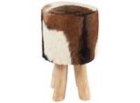 Landscape Hocker, Braun, Natur, Weiß, Holz, Leder, Echtleder, Ziegenleder, Teakholz, massiv, rund, 32x50x32 cm, Wohnzimmer, Hocker, Sitzhocker