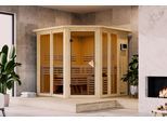 Sauna KARIBU "Airia" mit Kranz, naturbelassen", naturbelassen, Bio-Kombiofen, externe Steuerung, 400 kW, Saunen, Sauna, aus hochwertiger nordischer Fichte