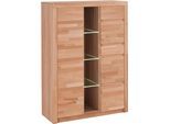 Highboard OTTO HOME "Silkeborg Fronten & Leisten aus Massivholz, Kospus aus Melamin", beige (kernbuche teilmassiv), Holzwerkstoff Kernbuchefarben (Korpus)/ Massivholz Kernbuche (Front), Holz teilmassiv, Sideboards, Highboard, B/T/H: 90/35/125cm, 6 Melamin & 3 Glas einlegeboden die variabel sind.