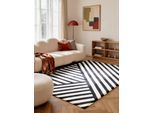 Wollteppich ELLE DECORATION "Noir", schwarz, weiß, B:160cm H:12mm L:230cm, Oberfläche: 100% Wolle. Rückseite: 100% Baumwolle, Teppiche, Wolle, Natur, Wohnzimmer, schwarz weiss, Modern, Geometrisch, Streifen