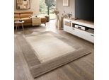 Wollteppich THEKO "Origin Loop 5", beige (grau), B:140cm H:10mm L:200cm, Schurwolle, Teppiche, handgetuftet, reine Schurwolle, Unifarben, mit Bordüre