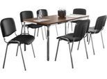 Sparset Stapelstuhl ISO Swing Basic, ohne Armlehnen, Kunstleder schwarz, Sitzmaße B 475 x T 415 x H 470 mm, 6 Stück + Tisch, Nussbaum-Dekor, B 1600 x T 800 mm