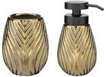Badaccessoire-Set WENKO "Modell Idro Gold", gold, strukturiert, Keramik, Kunststoff, Badaccessoires-Sets, Badaccessoire-Set, Seifenspender und Zahnputzbecher aus Keramik mit Linien-Struktur