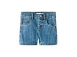 Jeansshorts NAME IT "NMFSALLI SLIM DNM SHORTS 3555-ON NOOS", Mädchen, Gr. 122, N-Gr, blau (denim blau detail:stripes), Denim/Jeans, Obermaterial: 74% Baumwolle, 24% Polyester, 1% Elasthan, 1% Viskose, gestreift, slim fit kurz, Jeans Jeansshorts, Denim Baumwollmischung, leichte Used Effekte, Allover Druck