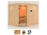 Sauna KARIBU "Marit", beige (naturbelassen), Bio-Kombiofen, externe Steuerung, 9 kW, Saunen, Sauna, Ofen 9 kW Bio externe Strg easy