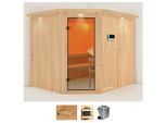 Sauna KARIBU "Marit", beige (naturbelassen), Bio-Kombiofen, externe Steuerung, 9 kW, Saunen, Sauna, Ofen 9 kW Bio externe Strg easy