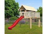 Spielturm AKUBI "Fidel", grau (terragrau), Spieltürme, KinderB:198cm H:329,5cm T:243cm, Holzwerkstoff, Spielturm, BxTxH: 198x243x330 cm, terragrau mit Rrutsche in rot, B:198cm H:329,5cm T:243cm
