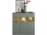 Highboard INNOSTYLE "INA", schilfgrün, artisan eiche, B:125cm H:125cm T:45cm, ABS-Kunststoff, Holzwerkstoff, MDF, Metall, Sideboards, Highboard, 3 türig, 4 Schubladen, inkl. Beleuchtung, Softclose