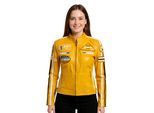 Dames geel leren bikerjack met racebadges - Dalby