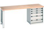 Bott Werkbank cubio, mit Schubladenschrank, Buche-Multiplexplatte, B 2000 x T 750 x H 840 mm, Tragkraft 700 kg, lichtgrau RAL 7035