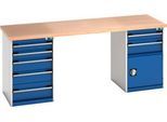 Bott Werkbank Cubio, Buche-Multiplexplatte 40 mm, B 2000 x T 750 x H 940 mm, 1500 kg, 9 Schubladen, 1 Tür, abschließbar, enzianblau/lichtgrau